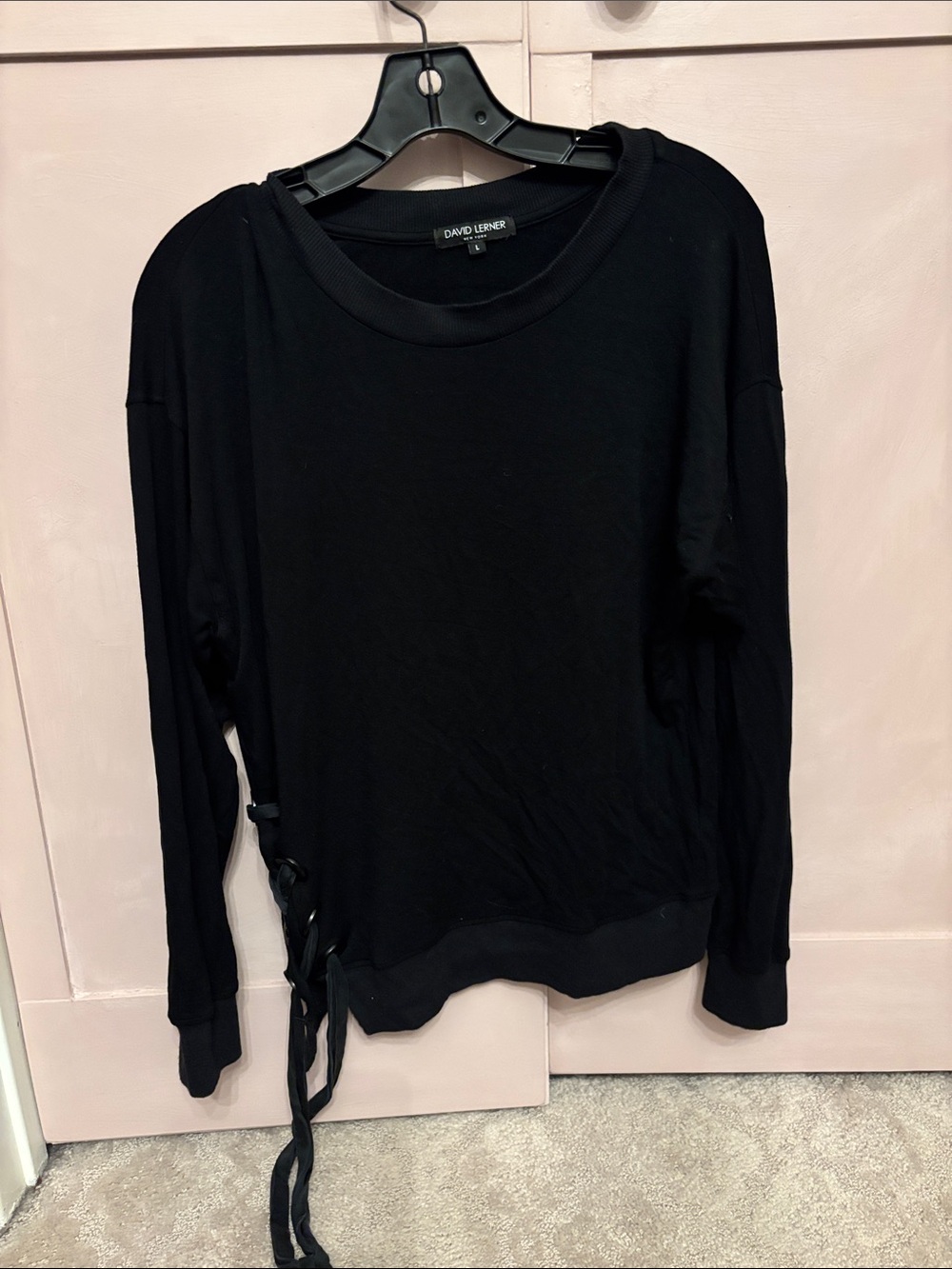 David Lerner Black Long Sleeve Crewneck Sweatshirt with Side Tie Detail